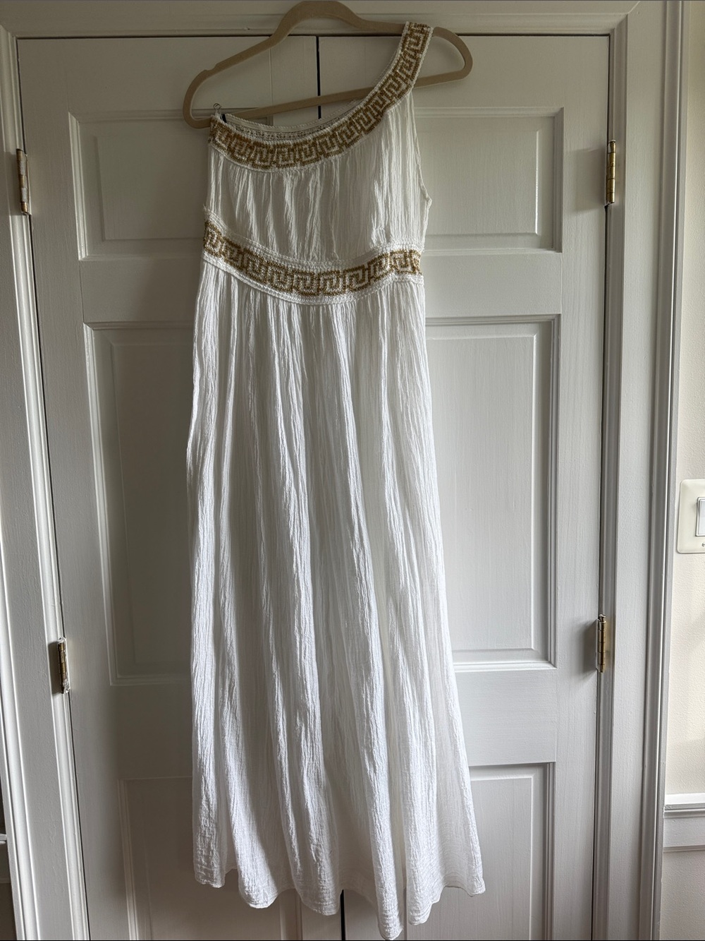 White One-Shoulder Maxi Dress with Gold Greek Key Trim